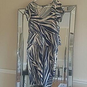 Chaps Cotton Blue Beige Zebra Print  Dress
